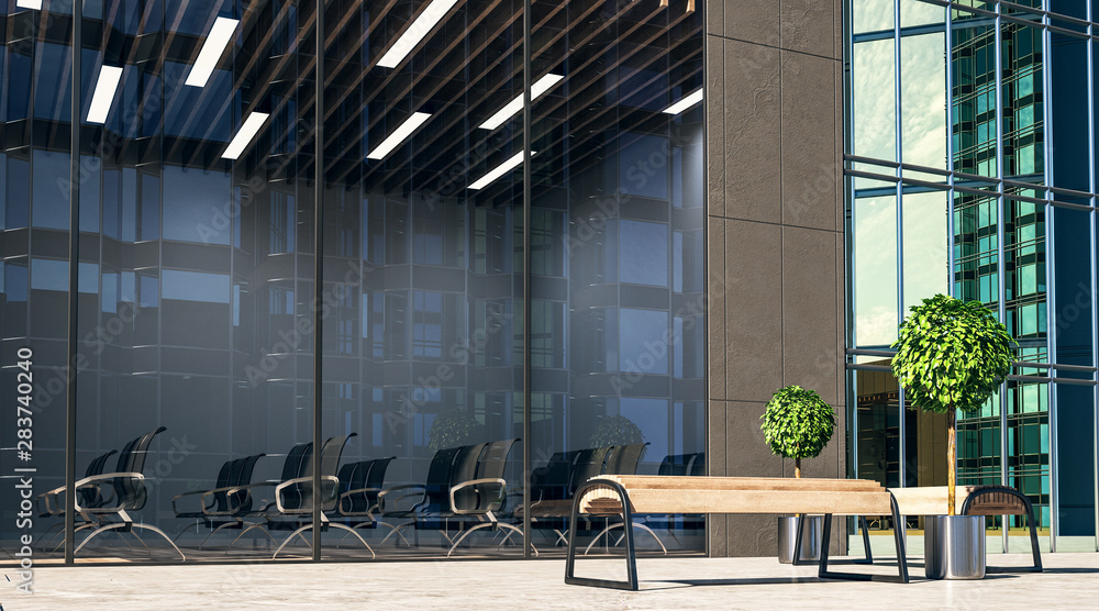 街道上的城市木制长椅和现代宽敞的会议室。