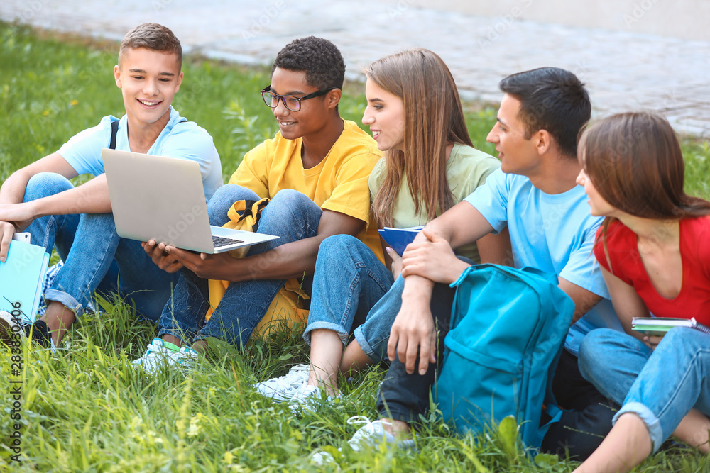拿着笔记本电脑坐在户外草地上的年轻学生画像