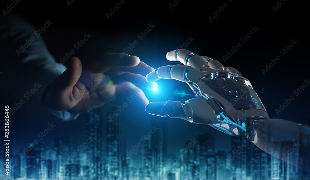 机器人手在黑暗背景3D渲染中与人类手接触