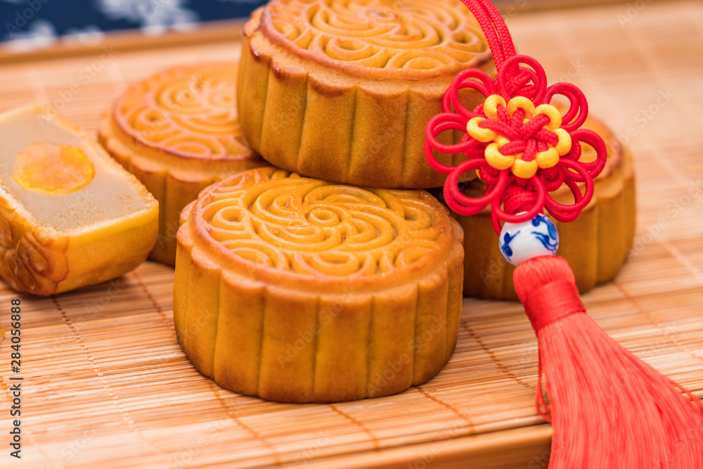 Chinese Mid-Autumn Festival delicious mooncakes on trays