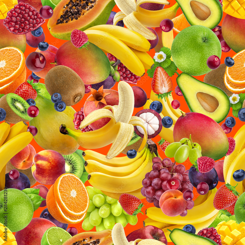 Tropical fruits seamless pattern, falling exotic fruits isolated on color background