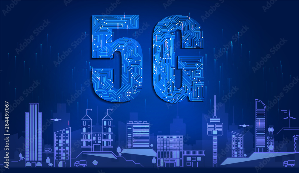 带电路板的5G技术是背景。5G网络无线系统和智能城市通信