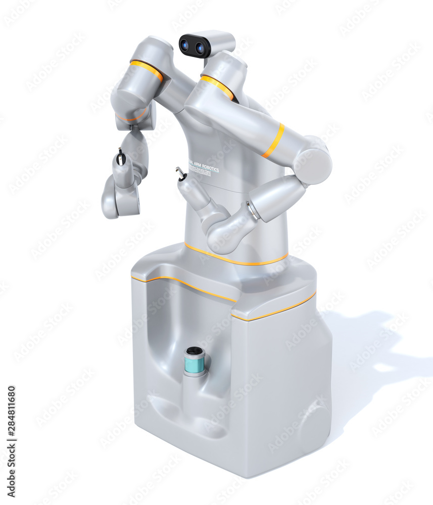 Silver color self-driving dual-arm robot isolated on white background. collaborative robot concept. 