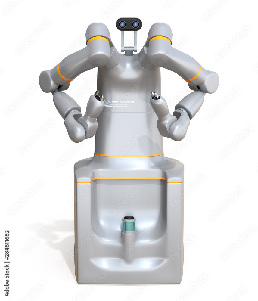 白色背景下隔离的自动驾驶双臂机器人正视图。协作机器人概念。