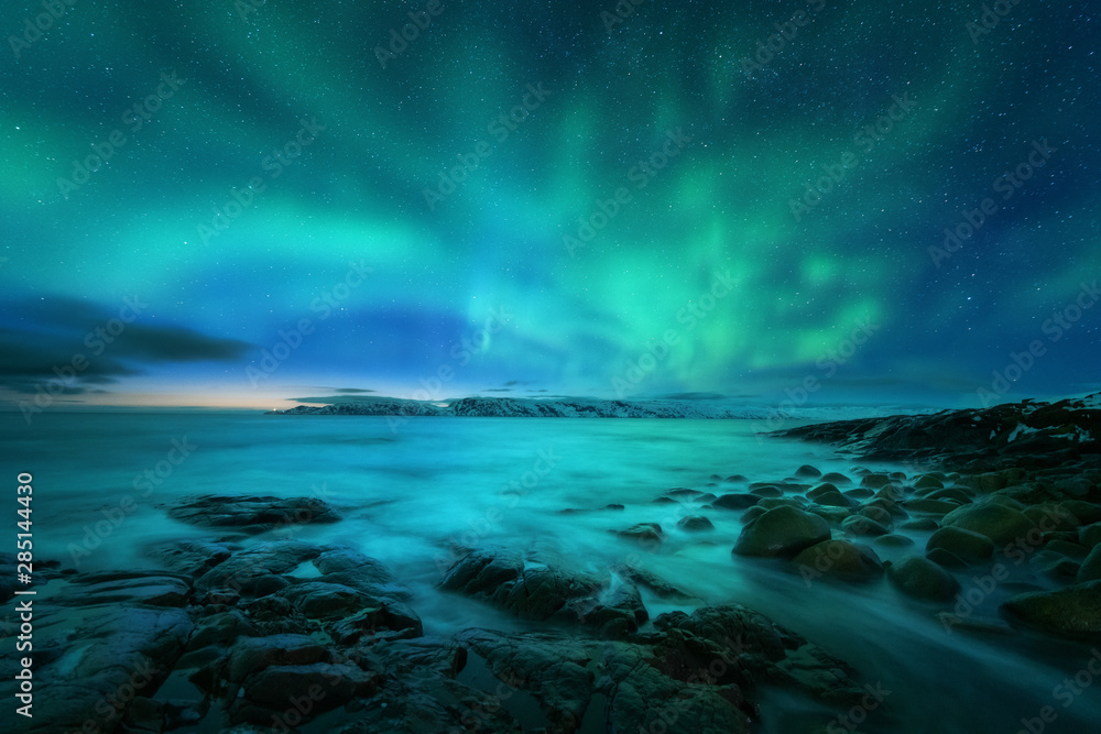 北极光笼罩着岩石海滩和海洋。俄罗斯捷里别卡的北极光。波光粼粼的星空