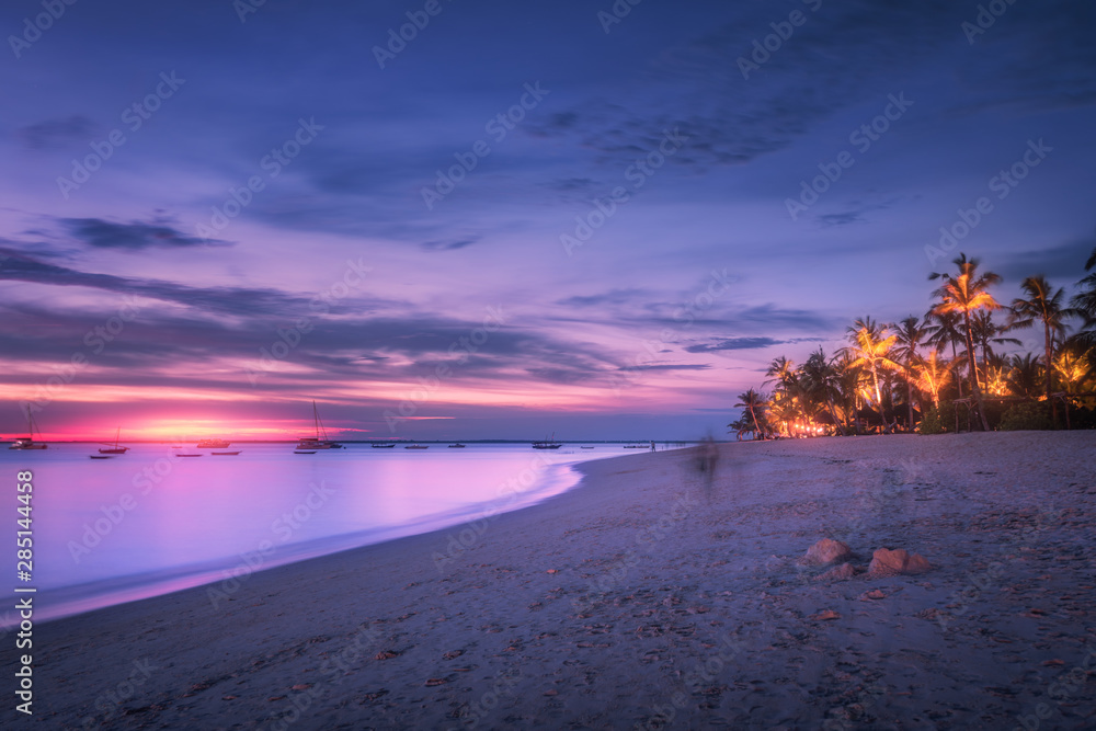 夏日日落时，沙滩上有棕榈树。海滨的热带景观，blurre