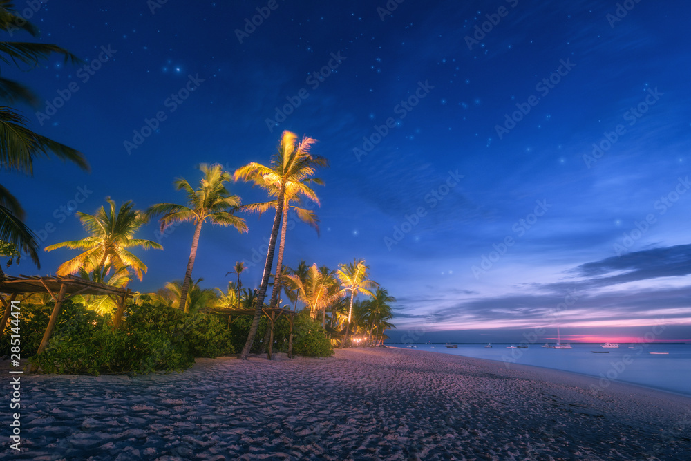 在夏季的蓝色时间，沙滩上有棕榈树和遮阳伞下的日光浴床。风景如画