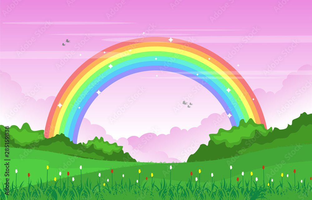 美丽的彩虹天空与绿色草甸山自然景观插图