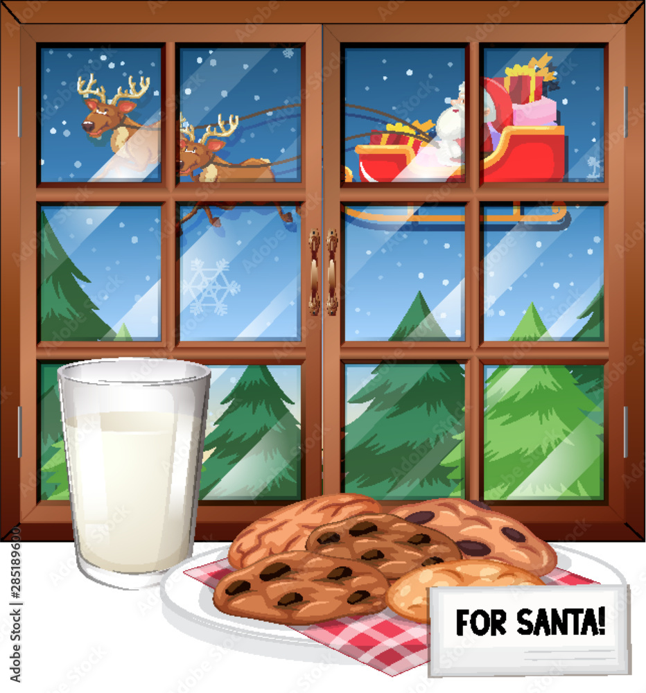 圣诞老人在雪橇上飞行的窗口场景
