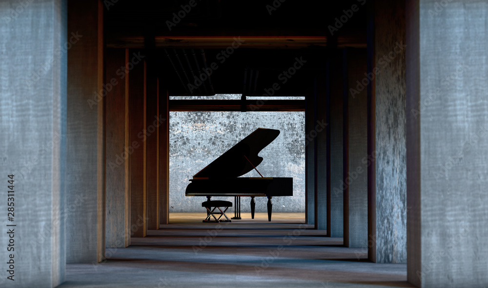 Fondo surreal musical. Música de piano y arquitectura de cemento.Arte y música