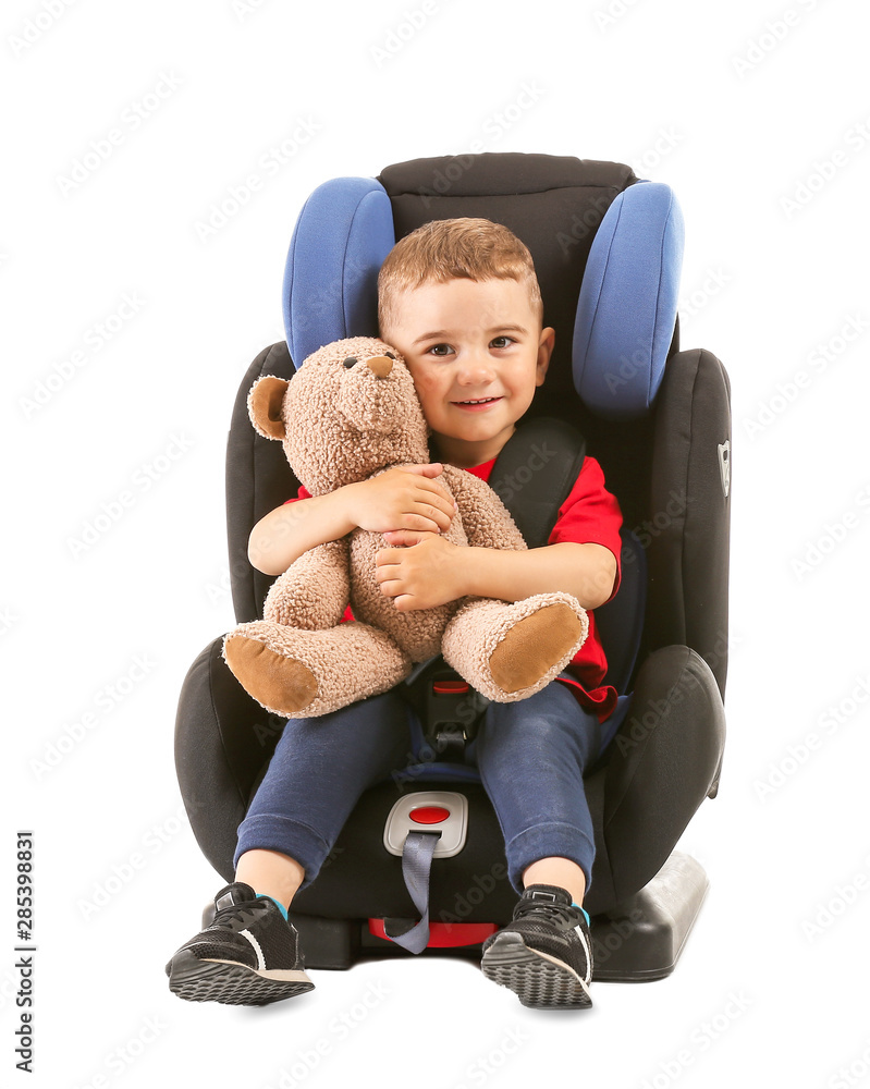 白色背景下，带玩具熊的小男孩扣在汽车座椅上