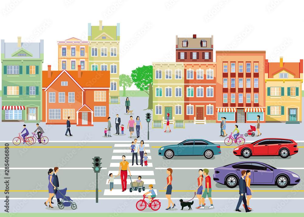 Stadt mit Familien und Fußgänger