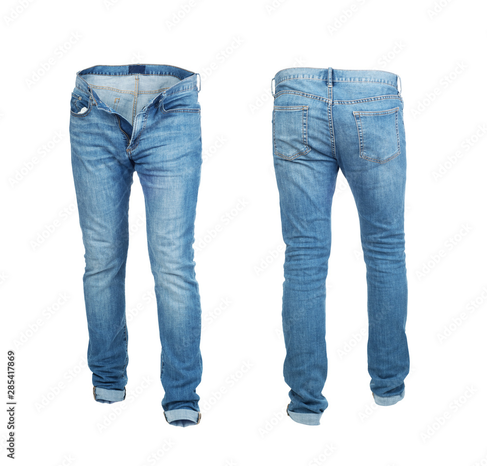 Blank empty jeans pants frontside and backside in moving isolated on a white background