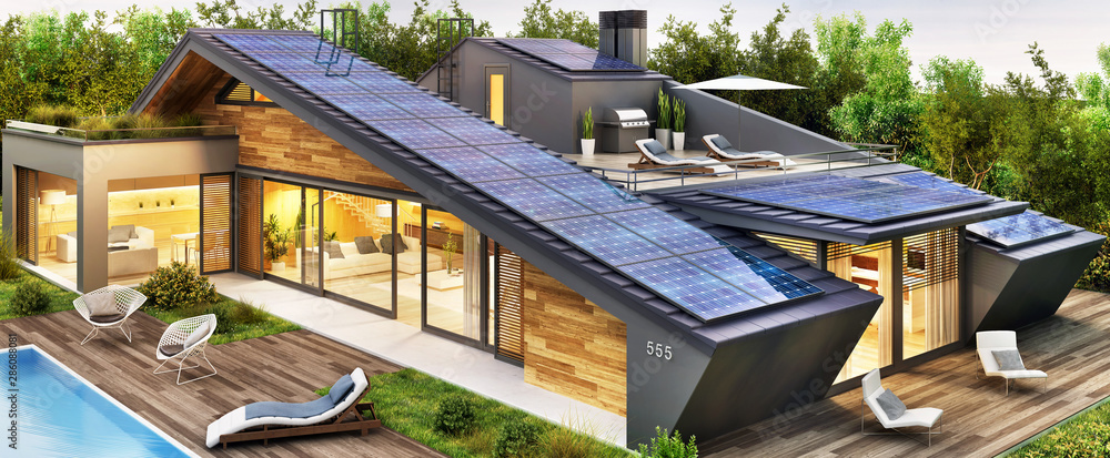 美丽的现代房子，配有屋顶露台和太阳能电池板。一个lu的外观和内部设计