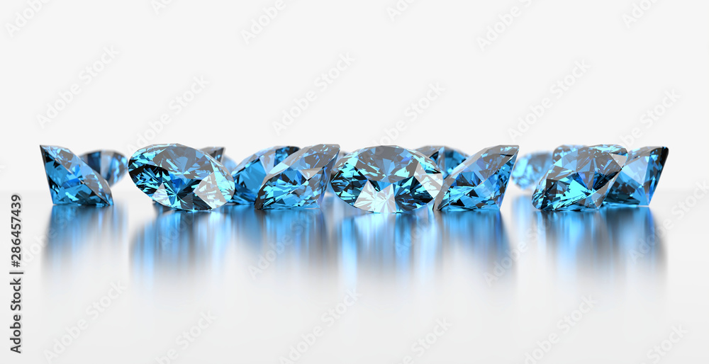 Blue diamonds Gem , topaz placed on white reflection background, 3d rendering.