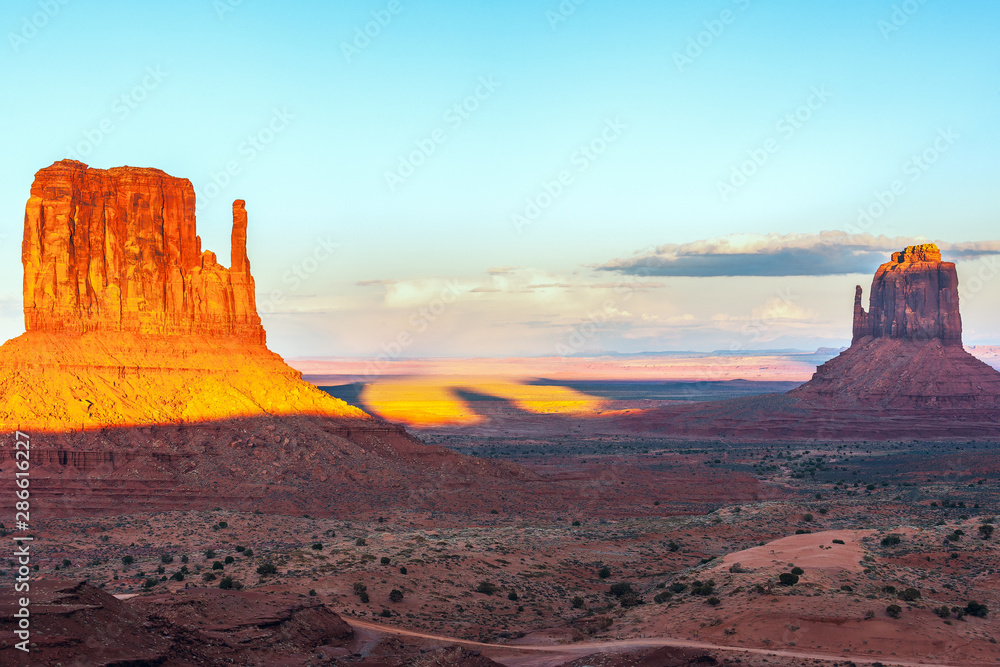 View of the West and East Mittens with a shadow between them in Navajo Nation’s Monument Valley Park