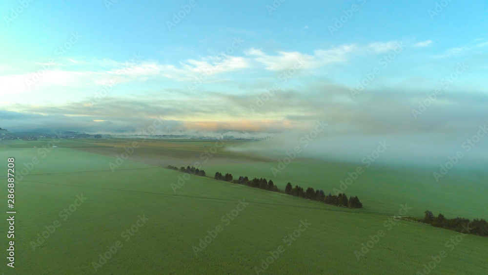 航空：寒冷的冬天早晨，厚厚的雾云在广阔的草地上翻滚