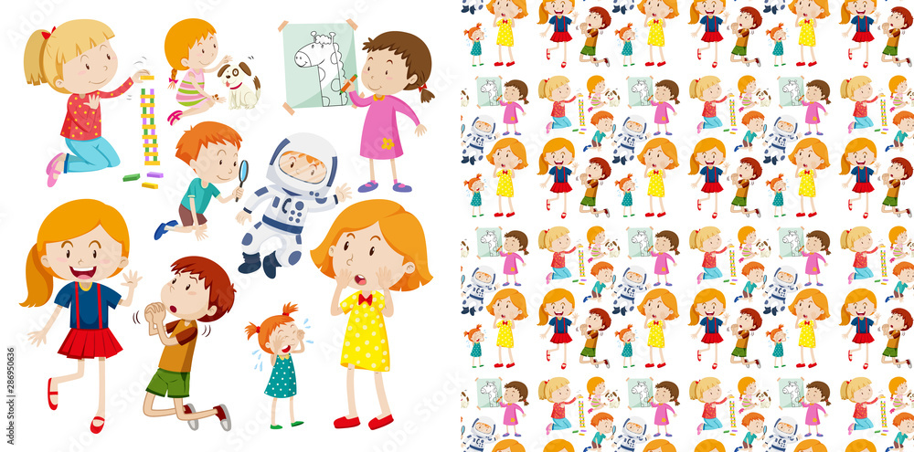 Set of seamless background design with isolated objects theme - children
