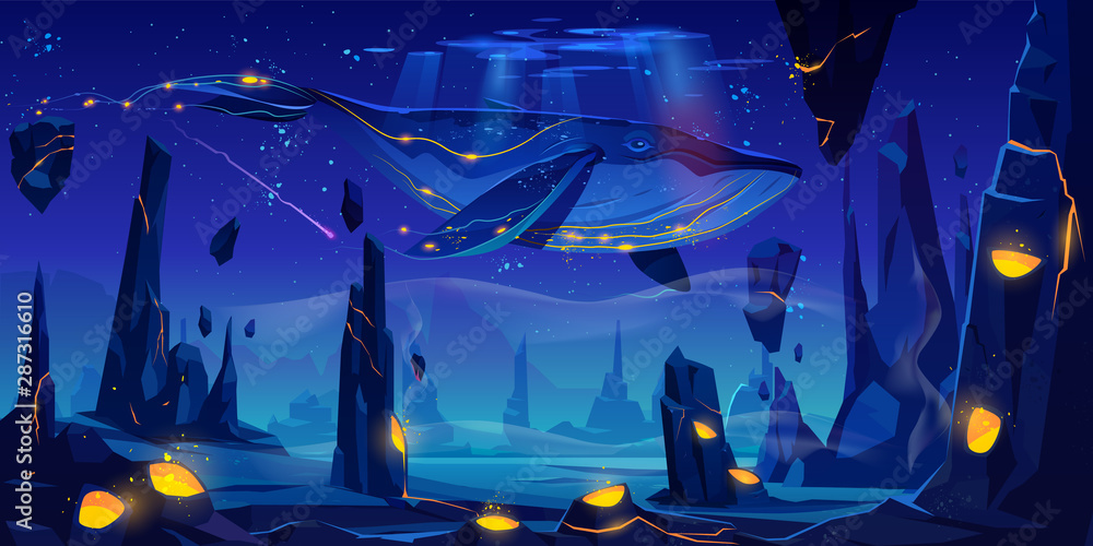 梦幻之梦，太空童话背景，巨大的鲸鱼在幻影之上的霓虹灯夜空中飞行