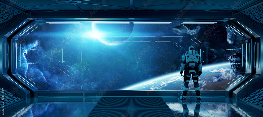 Astronaut in futuristic spaceship watching space through a large window 3d rendering elements of thi