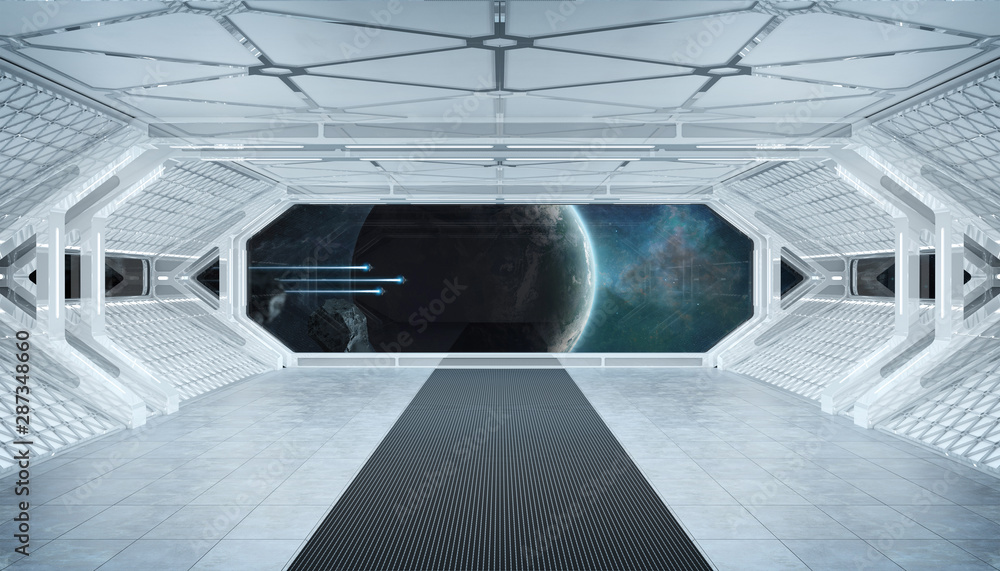 白色-蓝色太空船未来主义内饰，可通过窗户观看太空和行星的三维渲染