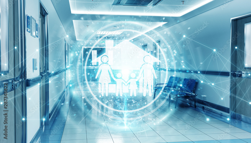 医院蓝色走廊，数字家庭护理图标漂浮在点连接中3D渲染