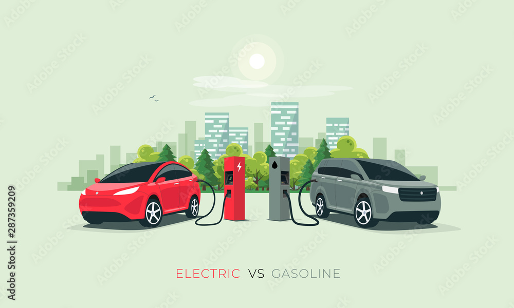Comparing electric versus gasoline diesel car suv. Electric car charging at charger stand vs. fossil