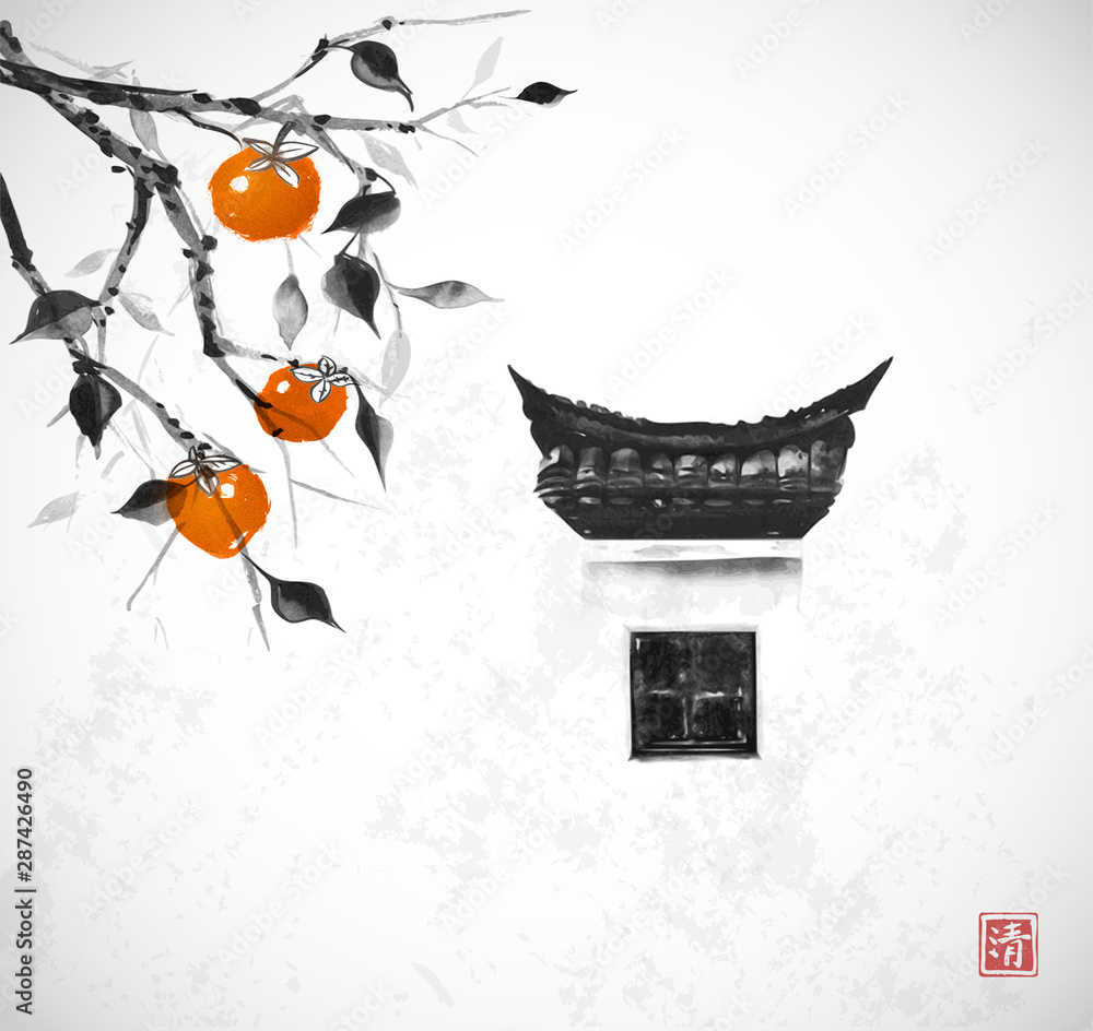 柿子树，结着大果子，传统窗户，白色上有典型的中国设计元素
