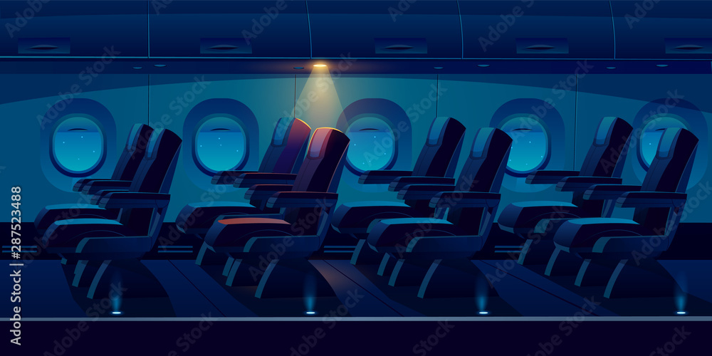 夜间机舱，深色飞机经济舱，座椅侧视。空沙龙ais