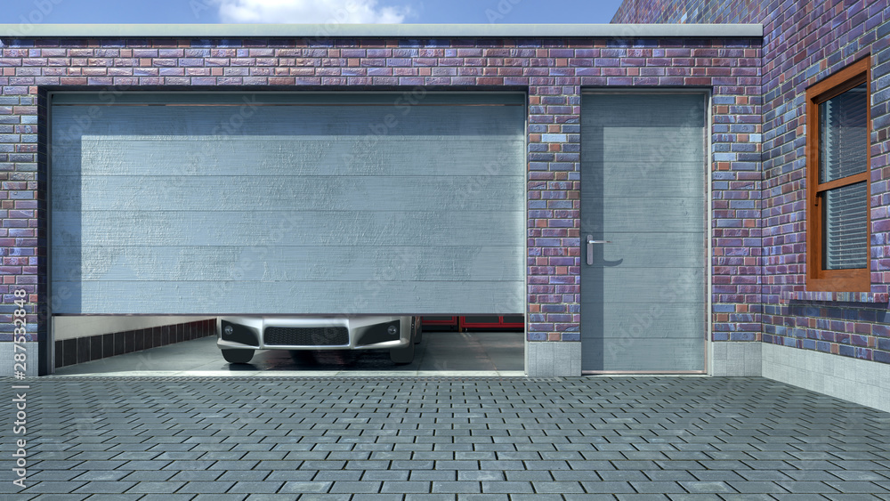 Modern garage with open sectional gate. 3d illustration