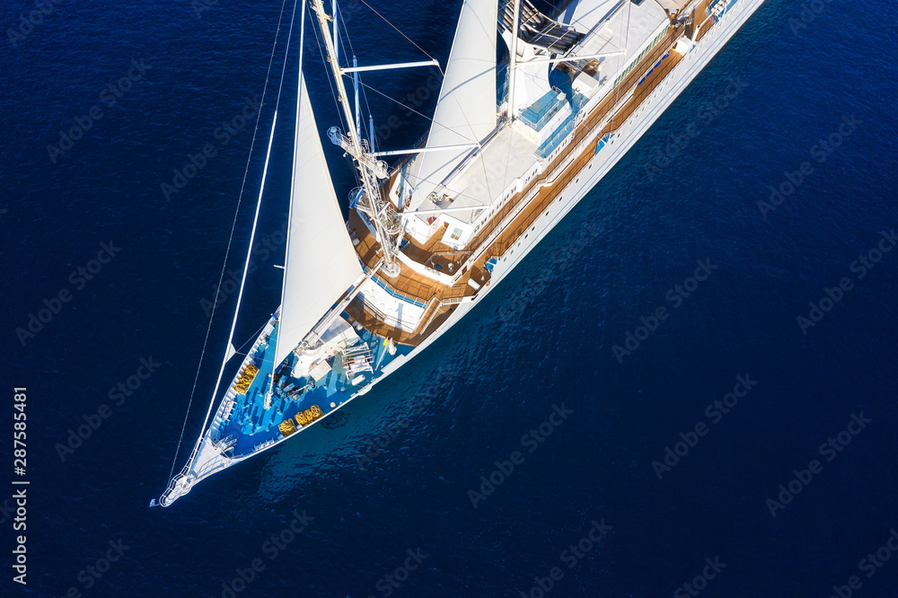Croatia. Aerial view at the cruise ship with sail at the day time. Adventure and travel.  Landscape 