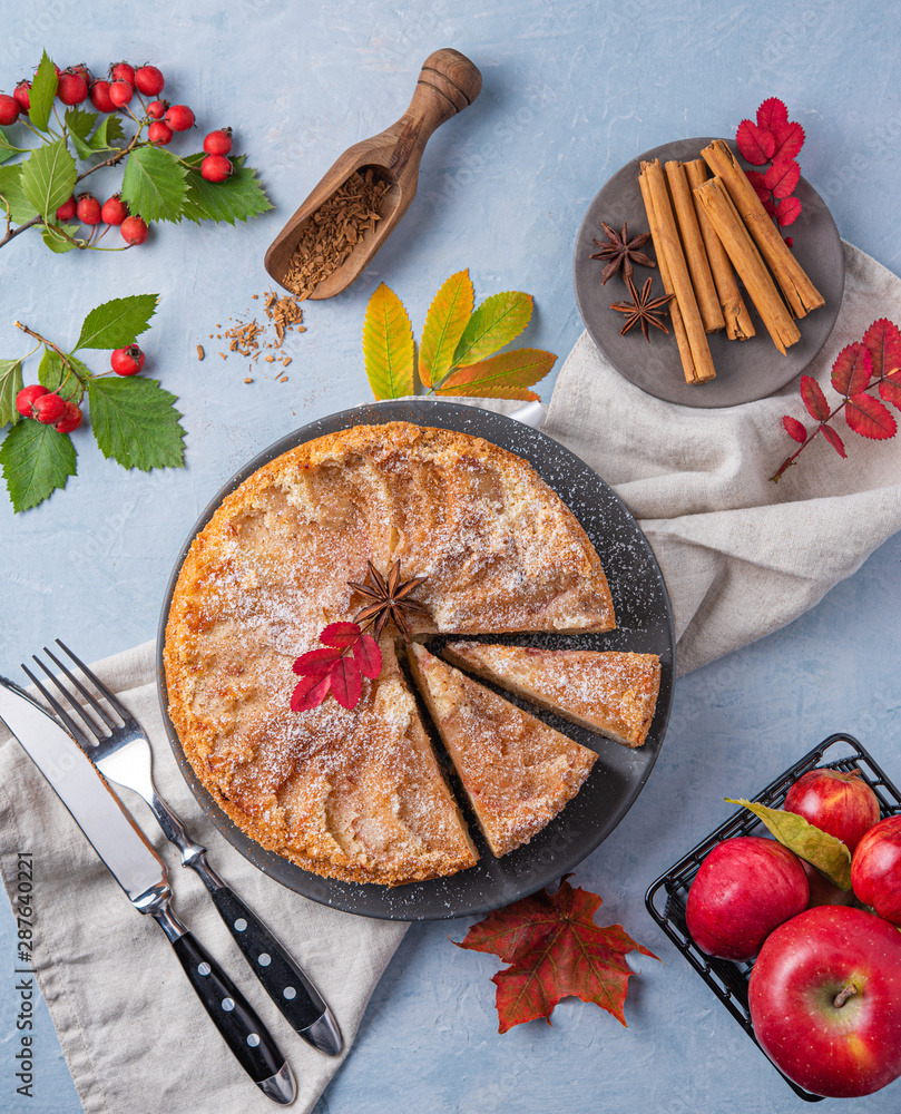 芳香的自制苹果派，配红苹果和肉桂，放在木蓝色桌子上，秋天