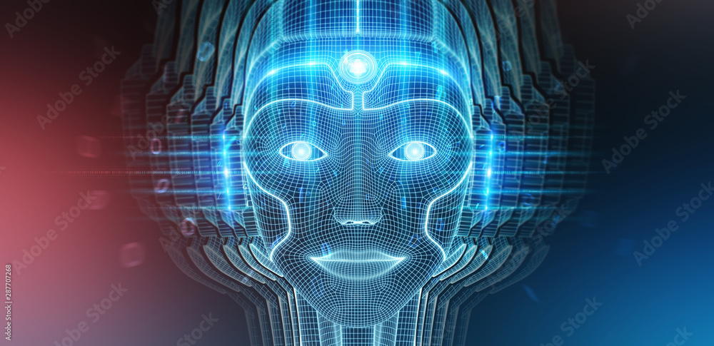 代表人工智能3D渲染的机器人女性半机器人人脸