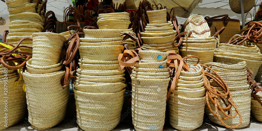 assortment of wicker basket sold in market in provence-france