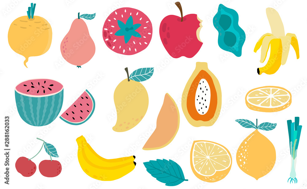 樱桃、大葱、香蕉、苹果、芒果、木瓜的可爱新鲜水果实物集