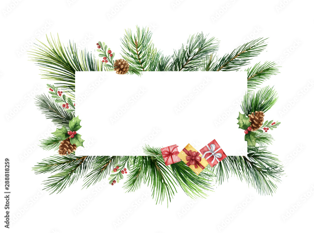 水彩矢量绿色云杉框架，带圆锥体和礼物，圣诞假期设计。