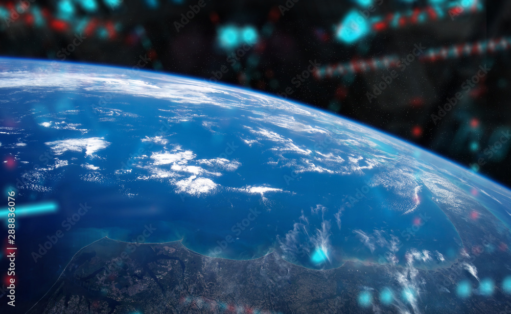 日出期间从空间站窗口观看地球的景象，这张图像的3D渲染元素