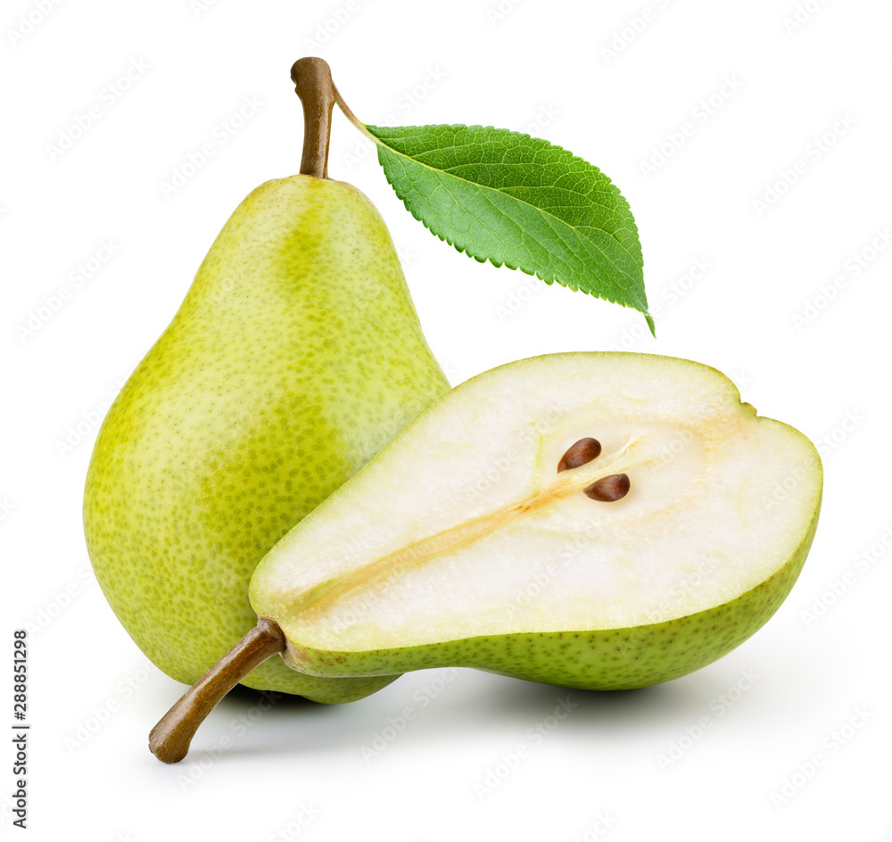 Isolated pears. One and a half green pear fruit isolated on white background.