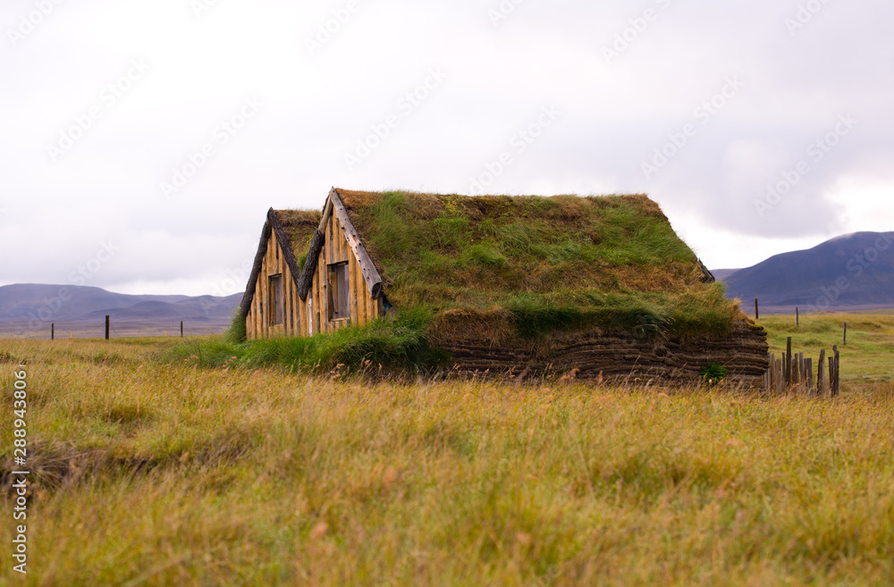 冰岛传统的草屋顶房屋。欧洲。