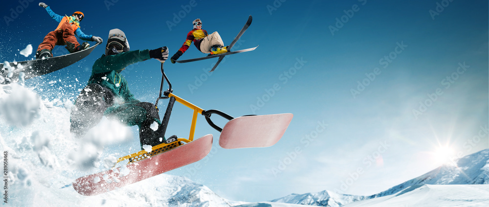 滑雪、雪地滑板车、单板滑雪。极限冬季运动。