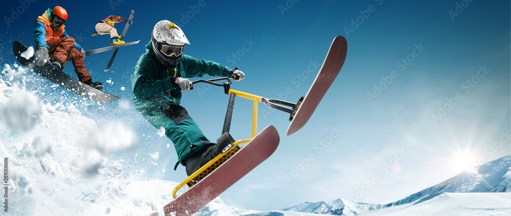 滑雪、雪地滑板车、单板滑雪。极限冬季运动。