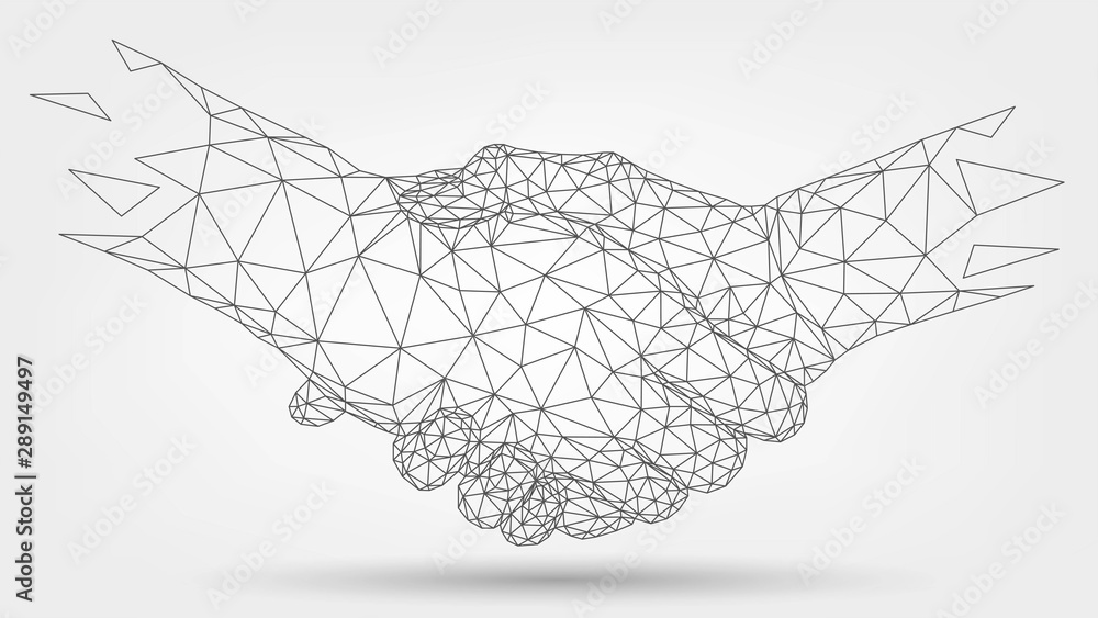 两个线框手，握手，合作伙伴，友谊或商业伙伴关系，技术，商业