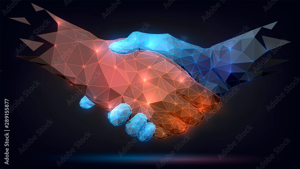 两只发光的双手，握手，技术，商业，信任的概念