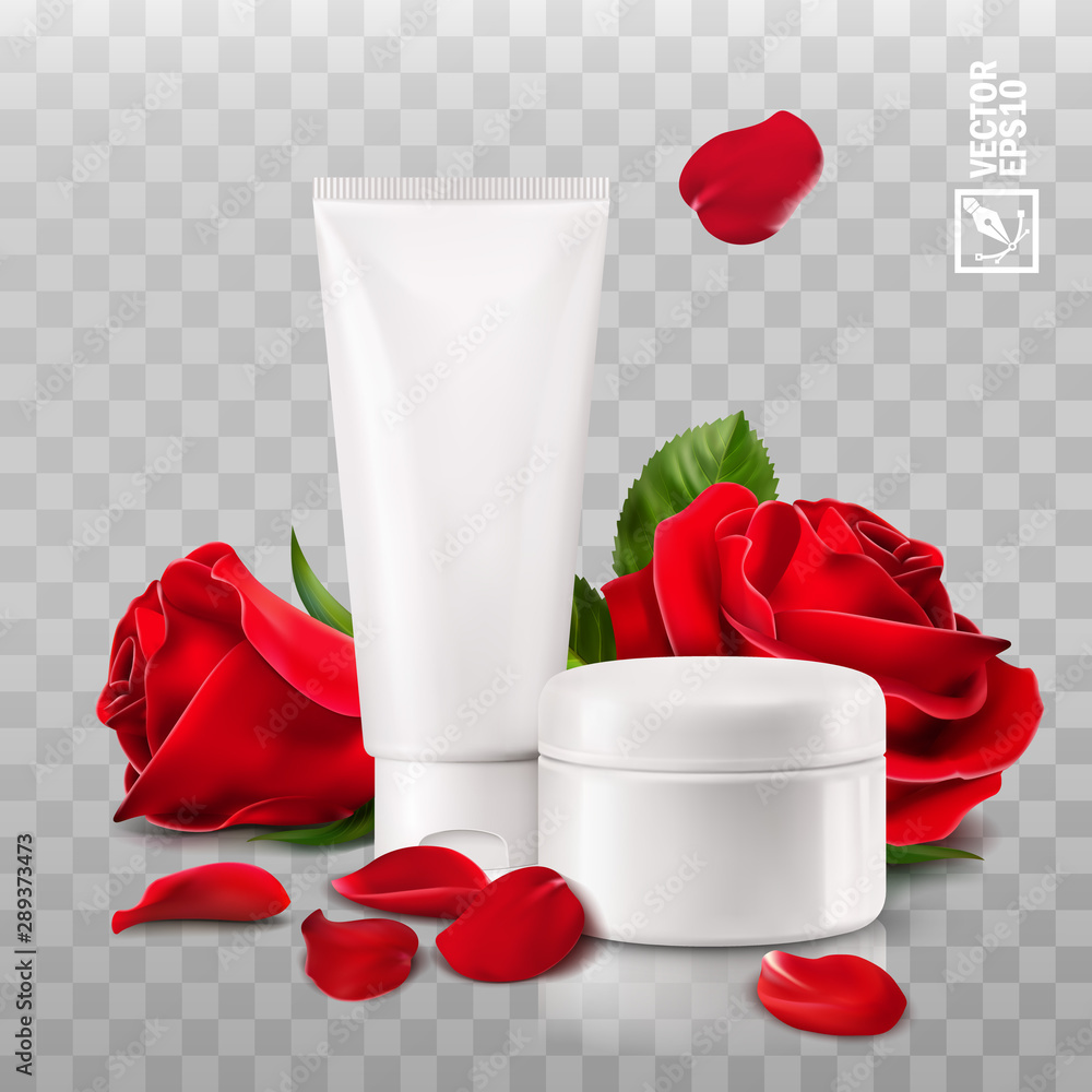3d realistic isolated vector mockup of jar and tube with cosmetic cream, flowers and red rose petals