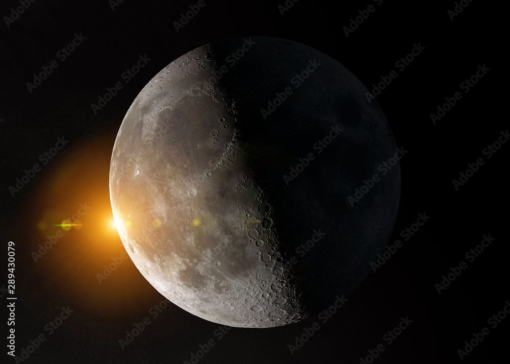 美国国家航空航天局提供的带有恒星的太空半月视图，该图像的3D渲染元素