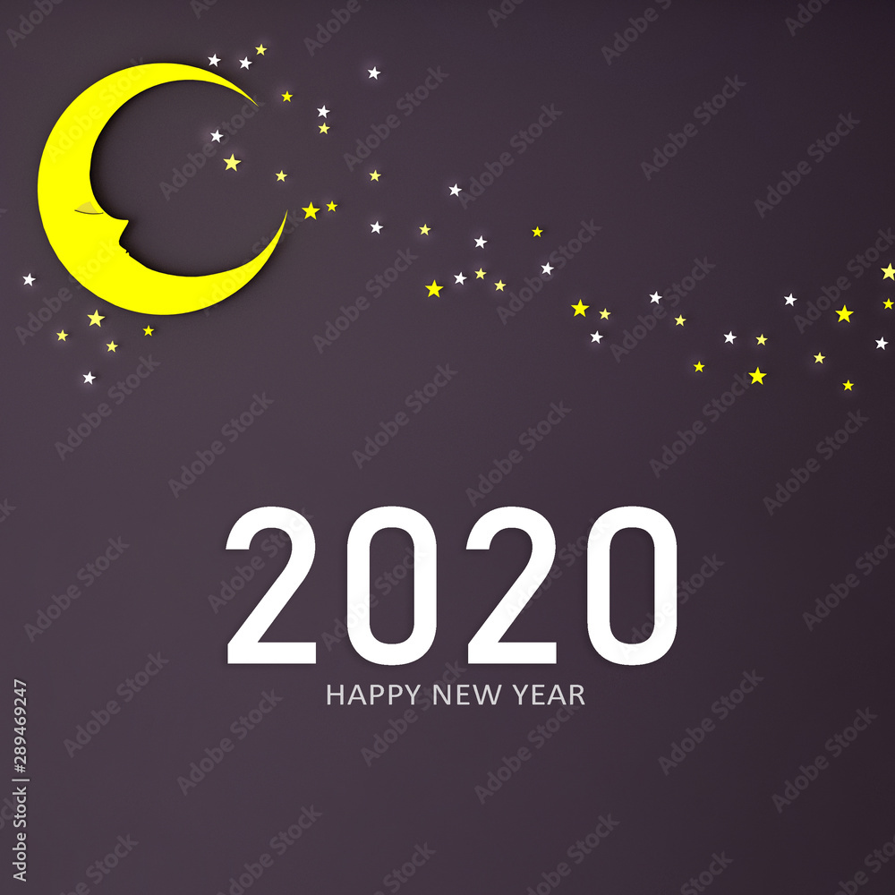 2020圣诞快乐，新年快乐，夜晚有月光、星星和烟花的纸艺卡片