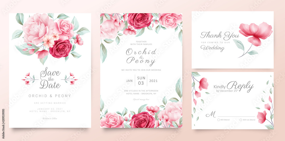 水彩花朵和野生树叶的植物婚礼邀请卡模板