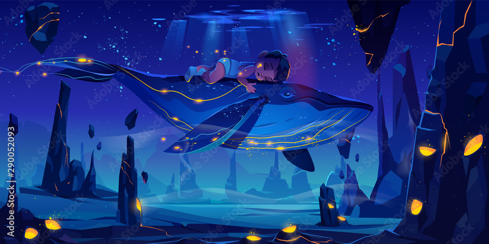 梦幻儿童梦，童话背景，小婴儿睡在夜间飞行的巨大鲸鱼上