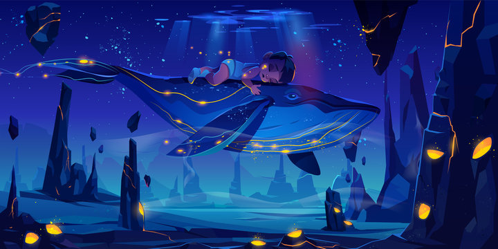 梦幻儿童梦，童话背景，小婴儿睡在夜间飞行的巨大鲸鱼上
