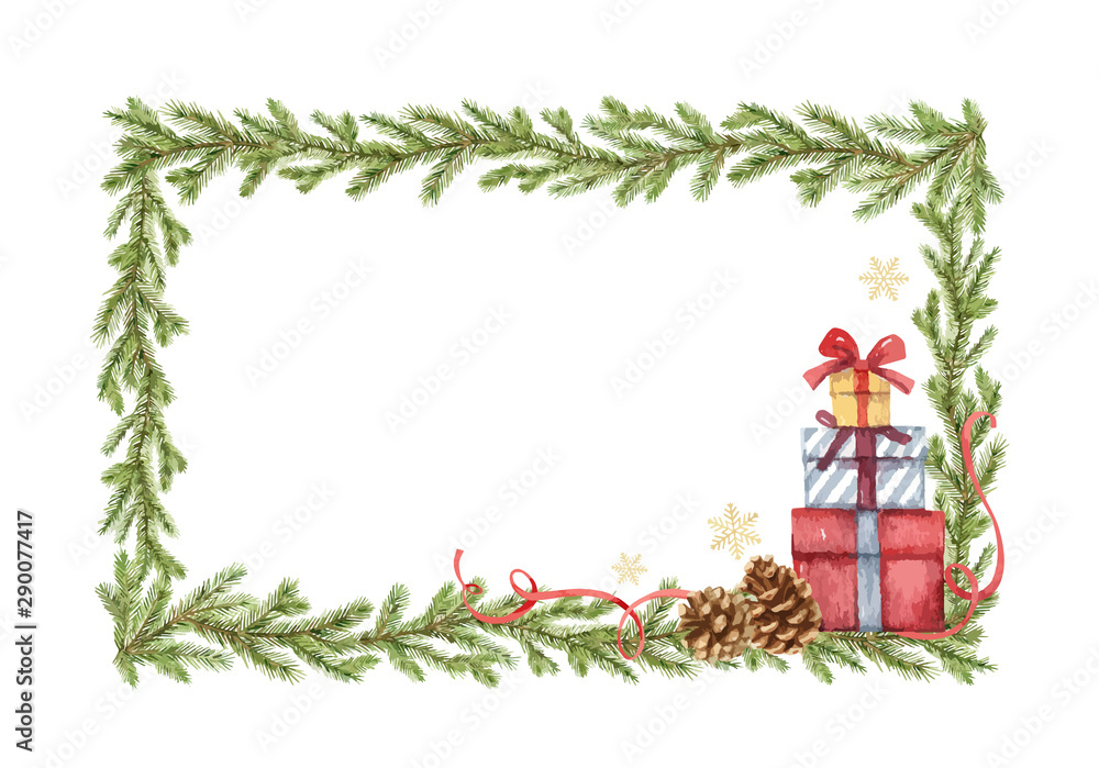 水彩矢量圣诞框架，带有冷杉树枝和礼物。